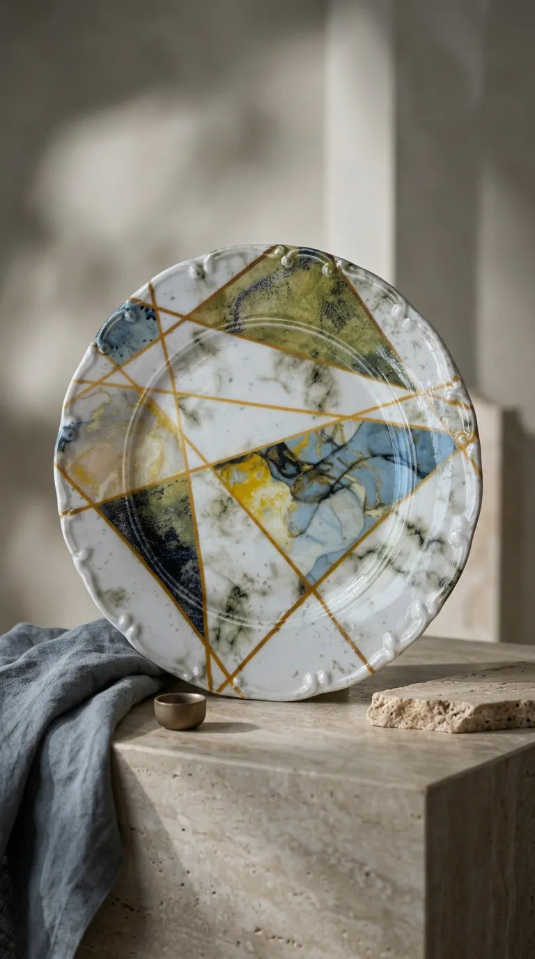 Mermer Desenli 4'lü 25 cm Geometrik Servis Tabak Takımı Ürün ana görseli