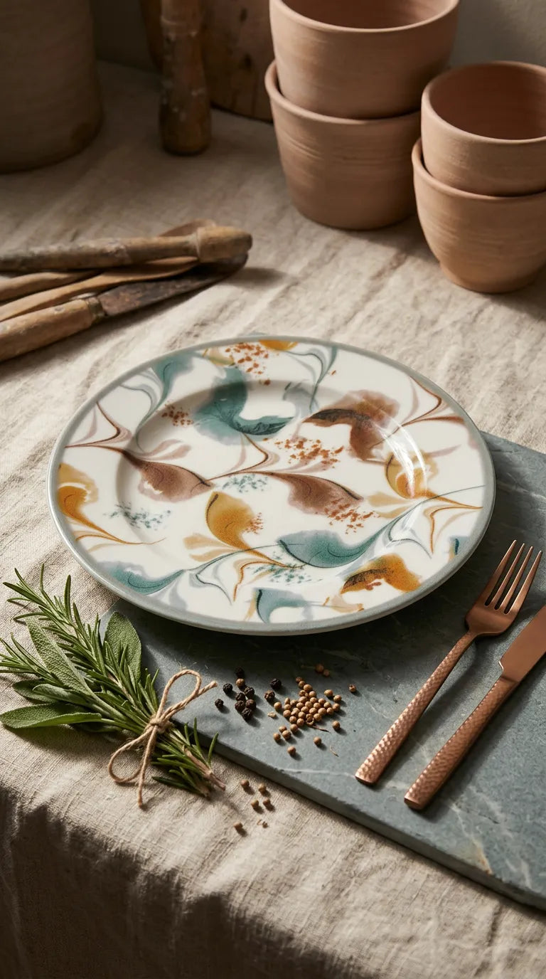 6'lı Hardal Yaprak Desenli 25 Cm Servis Tabağı Takımı