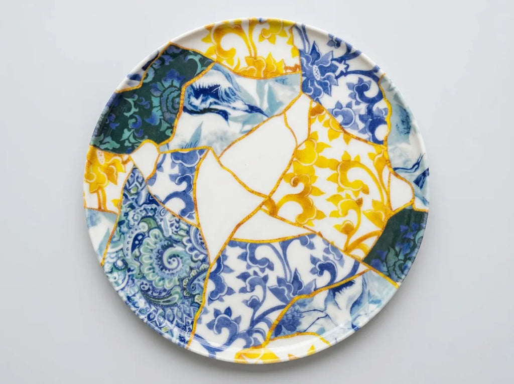 6'lı Mavi & Sarı Desenli Kintsugi Tasarım Servis Tabağı Takımı