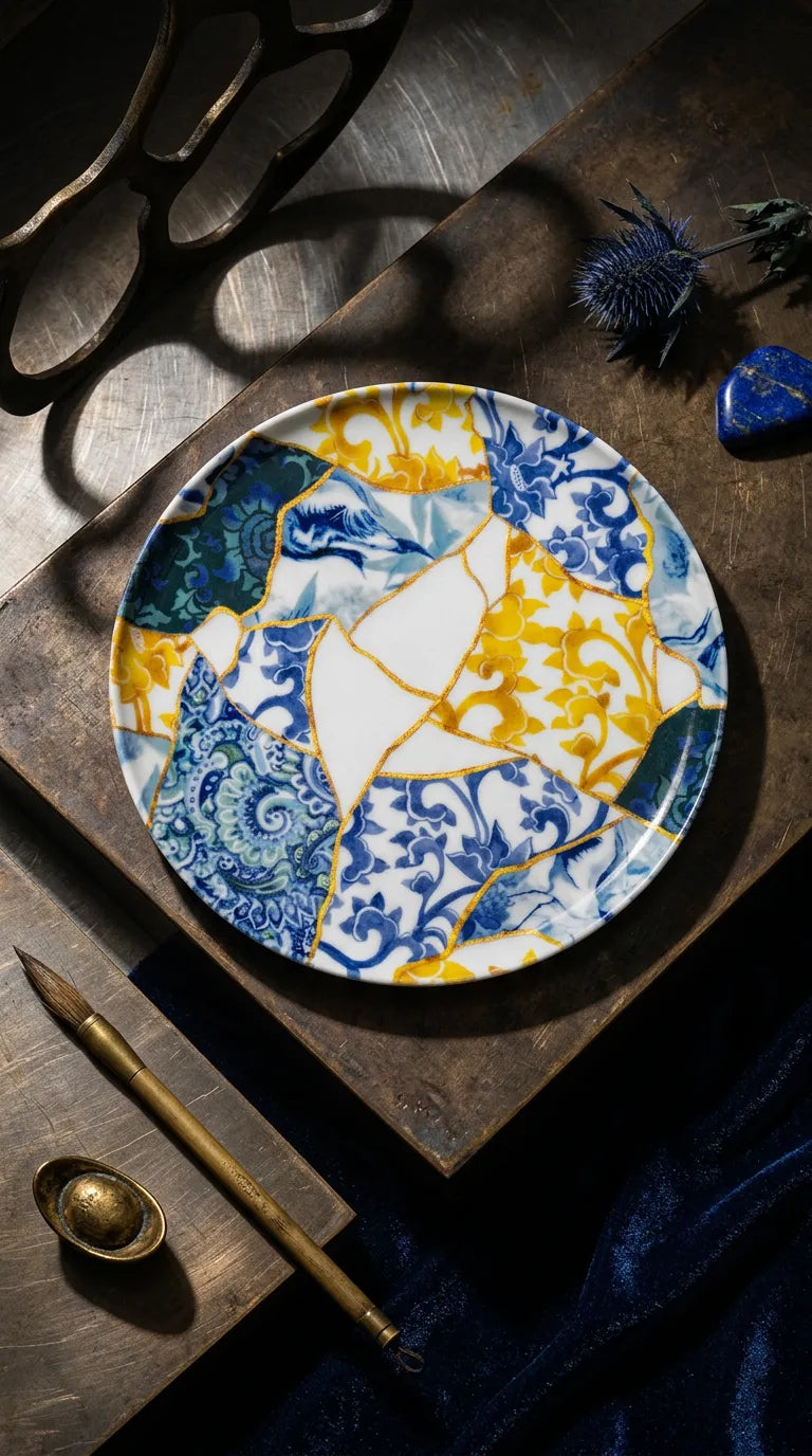 6'lı Mavi & Sarı Desenli Kintsugi Tasarım Servis Tabağı Takımı